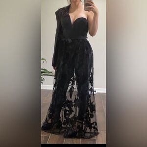 Elegant Black Jumpsuit with Sheer Overlay Skirt